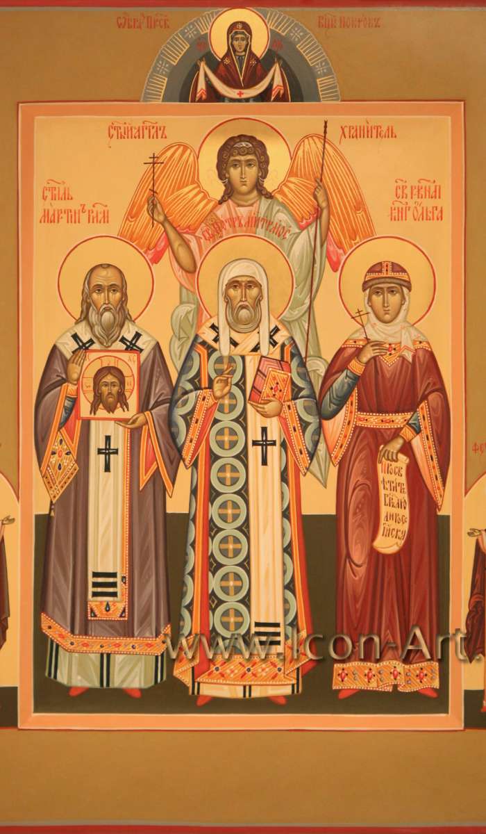 Фото: Семейная икона. Покров Божией Матери, святые: святой Ангел Хранитель, святитель Мартин, папа Римский, святитель Петр, митрополит Московский, святая равноапостольная княгиня Ольга. На полях святые благоверные князья Петр и Феврония Муромские