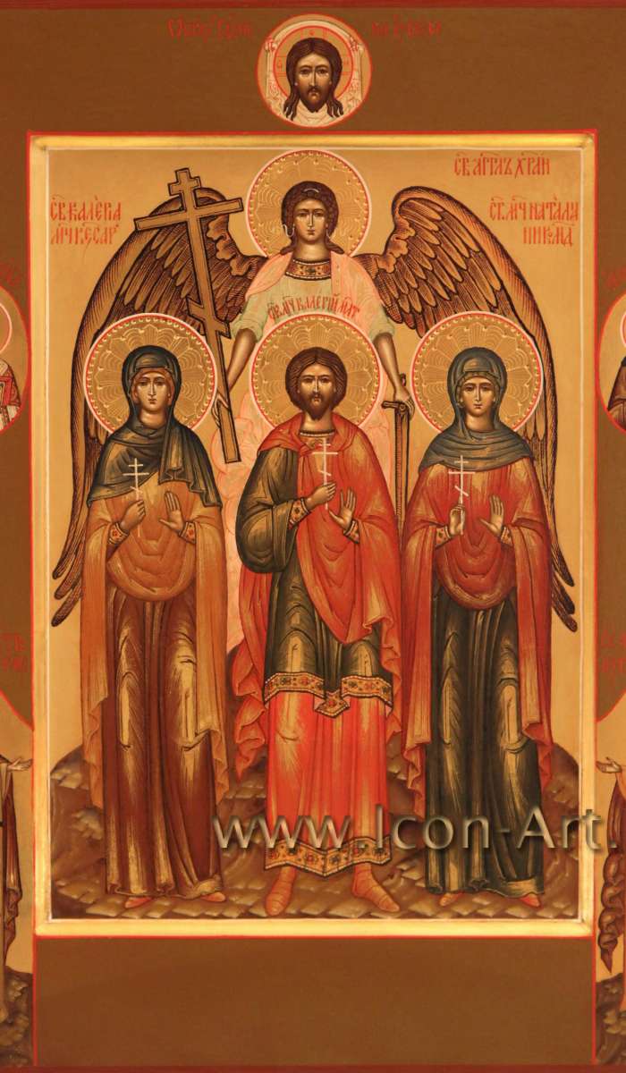 Фото: Семейная икона. Спас Нерукотворный, святые: Ангел Хранитель, мученица Калерия Кесарийская, мученик Валерий Мелитинский, мученица Наталия Никомидийская. На полях Святитель Николай, преподобный Сергий Радонежский, Петр и Феврония Муромские