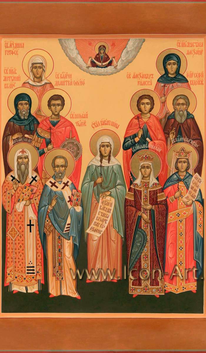 Фото: Семейная икона. Святые: мц. Анна Готфская, преп. Анастасия Александрийская, преп. Антоний Великий, вмч. Димитрий Солунский, мч. Александр Римский, прп. Сергий Рад., свят. Алексий Московский, свят. Николай, равноап. Нина, равноап. Елена, вмц