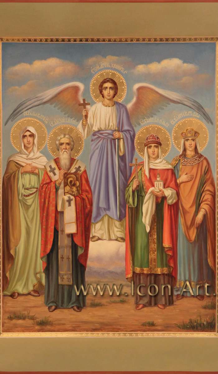 Фото: Семейная икона. Святые: Ангел Хранитель, мученица Иулия Карфагенская, святитель Алексий Вифинский, равноапостольная княгиня Ольга, великомученица Екатерина. На полях святитель Николай и вмч. Пантелеймон