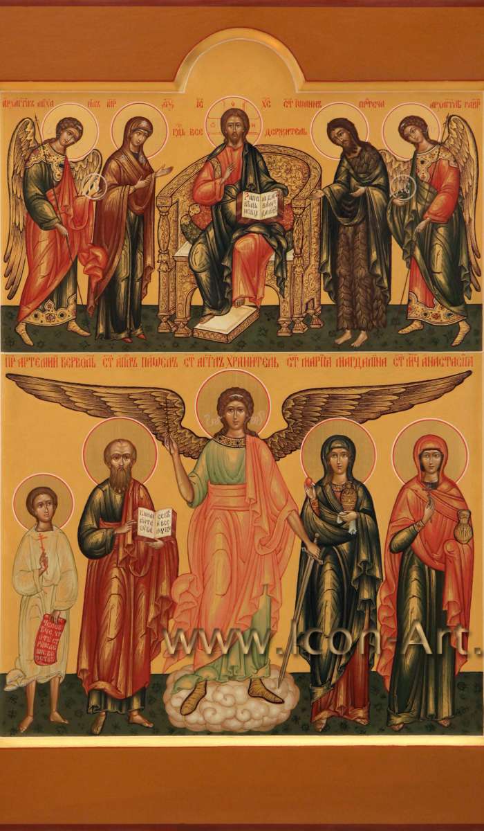 Фото: Семейная икона. Деисус, святые: прав. Артемий Веркольский, апостол Павел, Ангел Хранитель, прп. Мария Магдалина, мц. Анастасия Узорешительница. На полях: вмч. Пантелеймон, прп. Сергий Радонежский, прп. Амвросий Оптин., прп. Серафим Сар., Пе