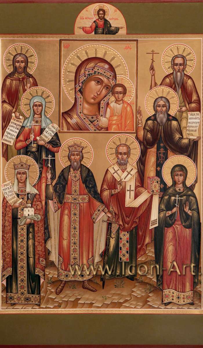 Фото: Семейная икона. Богоматерь «Казанская», прп. Иоанн Прозорливвый, прп. Сергий Савваит, мц. Галина Коринфская, прп. Сергий Радонежский, кн. Ольга, кн. Владимир, свт. Николай, мц. Наталья, на полях Петр и Феврония Муромские  