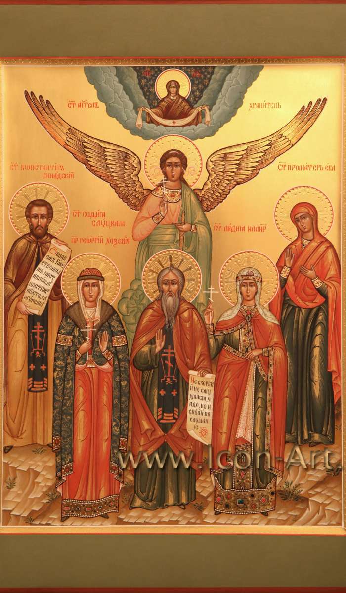 Фото: Семейная икона. Покров Божией Матери, Святые: Ангел Хранитель, прп. Константин Синадский, прав. София Слуцкая, прп. Георгий Хозевит, мц. Лидия Иллирийская, проматерь Ева