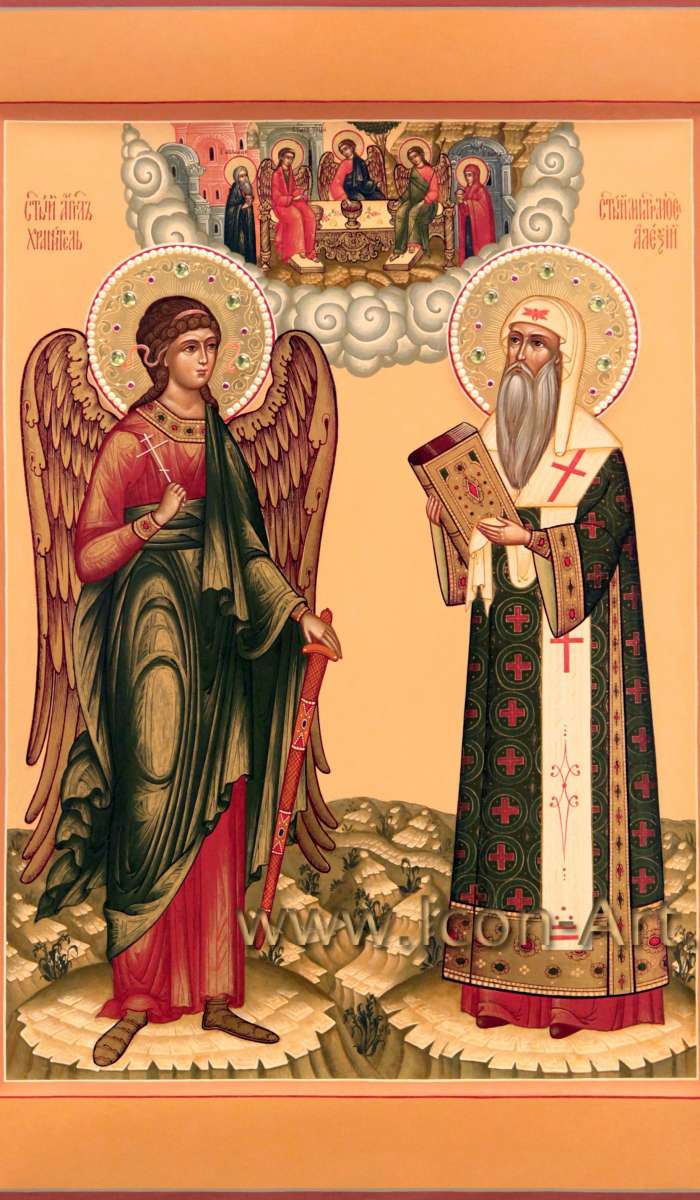 Фото: Семейная икона. Святая Троица, святые: Ангел Хранитель, святитель Алексий, митрополит Московский. На полях: святитель Николай, мч. Евгений Севастийский, прп. Стилиан Пафлогонянин, мц. Мария Кесарийская