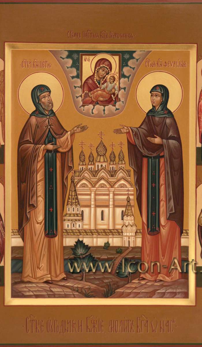 Фото: Святые князья Петр и Феврония Муромские с Богородицей «Муромская». На полях: Ангел Хранитель, мц. Иулия Карфагенская, сщмч. Димитрий 