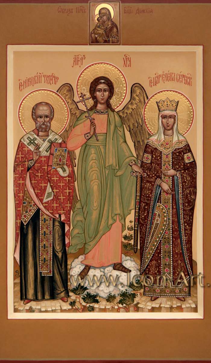Фото: Семейная икона. Богородица «Донская», святые: святитель Николай Мирликийский, Ангел Хранитель, Елена, царица Сербская