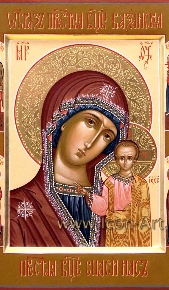 Фото: Икона Пресвятой Богородицы «Казанская» с избранными святыми: Арханегл Михаил, равноап. Елена, прп. Роман Сладкопевец. св. Анна Пророчица