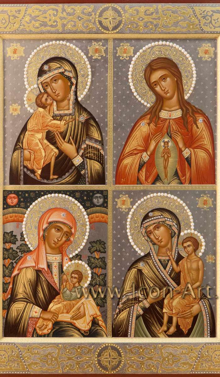 Фото: Четырехчастная икона Пресвятой Богородицы: «Феодоровская», «Помошница в родах», «Млекопитательница», «Воспитание»