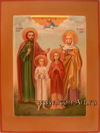 Семейная икона. На ней изображенны: святой Евгений Севастийский, святая Елена Константинопольская, святая мц. Надежда, святой Виталий Римский. Сверху благословляющий Господь