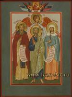 Семейная икона, на которой изображены: святой апостол Андрей Первозванный, святой преподобный Сергий Радонежский, святая равноапостольная Нина и святой Ангел Хранитель.