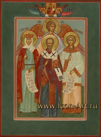 Семейная икона, на которой изображены: святой Николай Чудотворец, святая равноап. великая княгиня Ольга, святая мц. Пелагея и святой Ангел Хранитель.