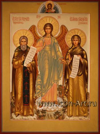Семейная икона. Святой прп. Сергий Радонежский, святой Ангел Хранитель и святая Нонна Назианзская, диакониса