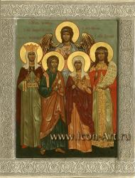 Семейная икона на которой изображены: святой Ангел Хранитель, святой Андрей Первозванный, святая царица Александра, святая мц. Ирина, святая мц. Артемия