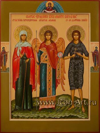 Святая Ксения Петербургская, святой Архангел Михаил, святая Фотиния Палестинская. Сверху Покров Богородицы
