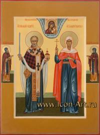 Семейная икона: святитель Николай и святая мученица Алла Готфская, на полях святые Петр и Феврония Муромские