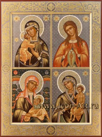 Четырехчастная икона Пресвятой Богородицы: «Феодоровская», «Помошница в родах», «Млекопитательница», «Воспитание»