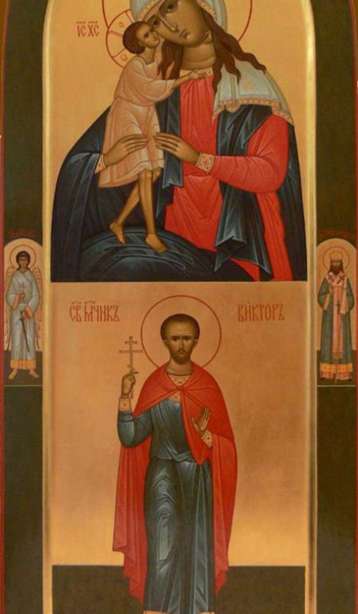 Фото: Мерная икона. Святой Виктор мученик и икона Взыскание погибших. На полях: святой Ангел Хранитель и святой Феодосий архиепископ