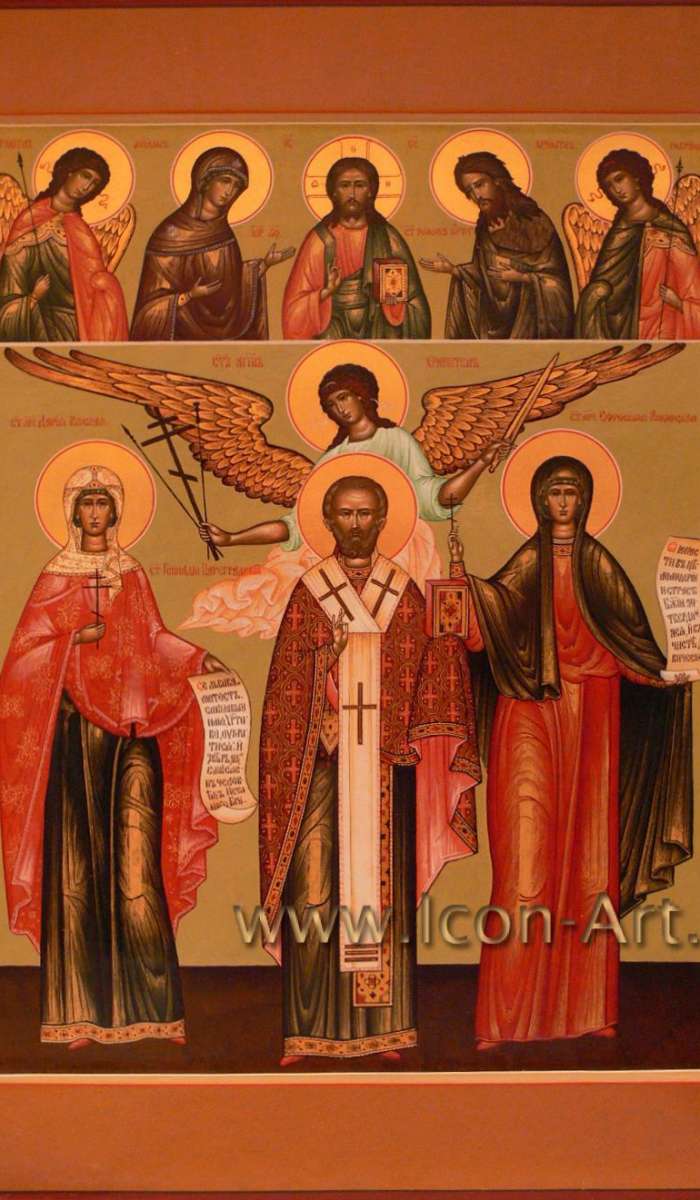 Фото: Святой Геннадий Цареградский, святая мц. Дария Римская, святая мц. Ефросиния Анкирская, святой Ангел Хранитель; сверху иконы: Архангел Михаил, Пресвятая Богородица, Господь Вседержитель, святой Иоанн Предтеча,  Архангел Гавриил.