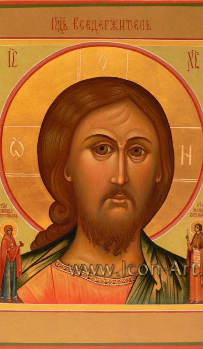 Фото: Иисус Христос Господь Вседержитель. Святая Зинаида Тарсийская и святой Леонид Коринфский.