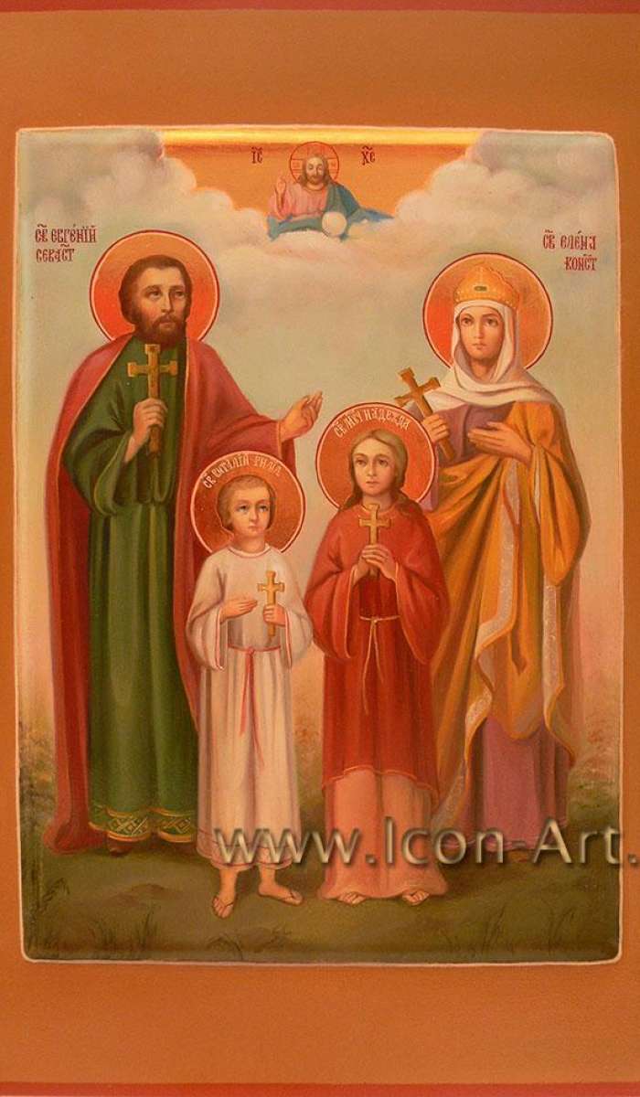 Фото: Семейная икона. На ней изображенны: святой Евгений Севастийский, святая Елена Константинопольская, святая мц. Надежда, святой Виталий Римский. Сверху благословляющий Господь