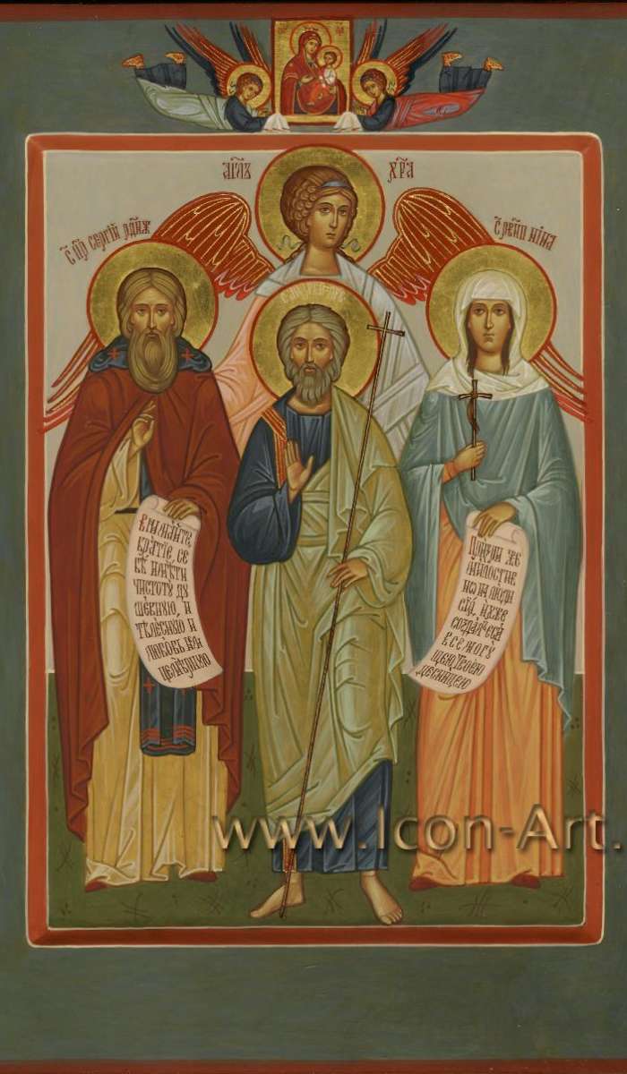 Фото: Семейная икона, на которой изображены: святой апостол Андрей Первозванный, святой преподобный Сергий Радонежский, святая равноапостольная Нина и святой Ангел Хранитель.