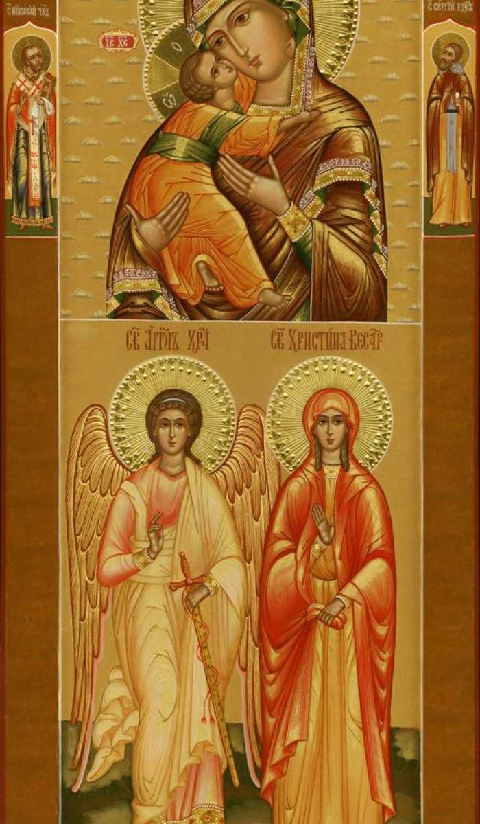 Фото: Святая мц. Христина Кесарийская (Каппадокийская) и Святой Ангел Хранитель. Образ Пресвятой Богородицы «Владимирская». На полях иконы: святой Николай чуд. и прп. Сергий Радонежский.