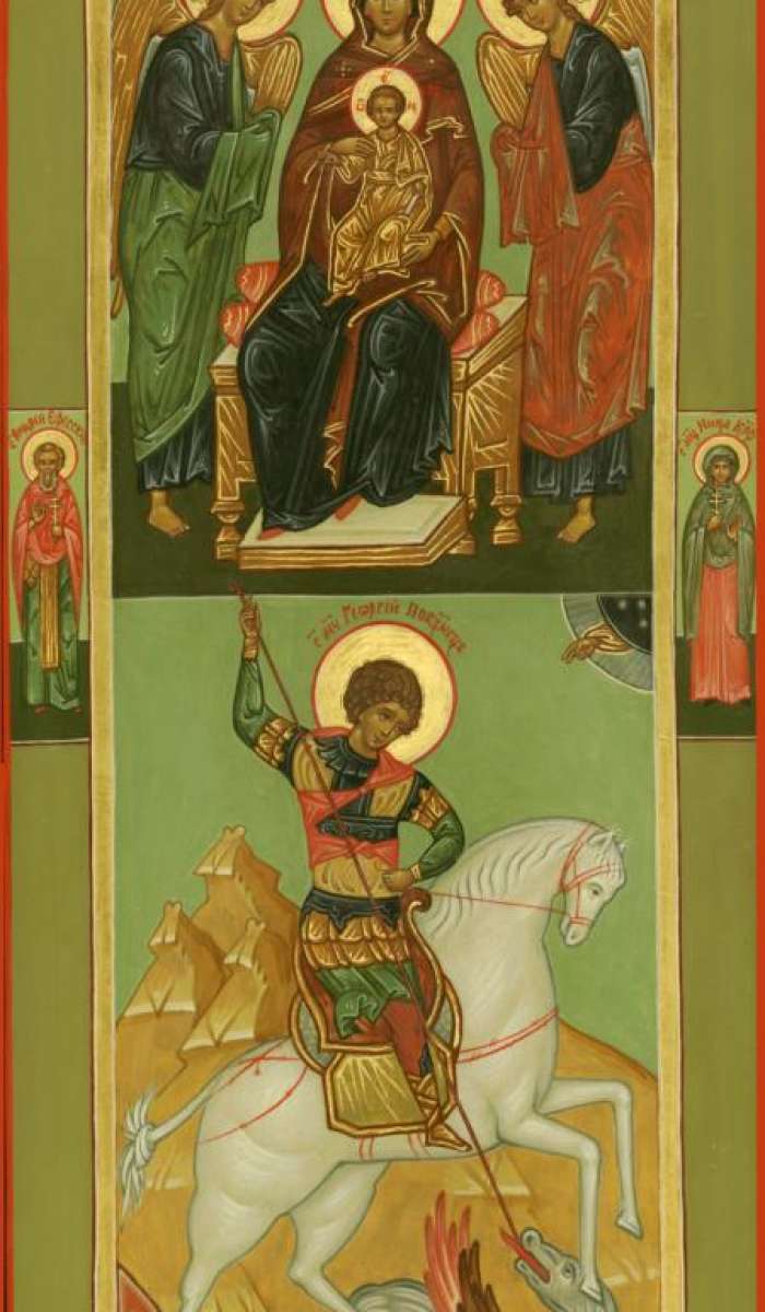 Фото: Мерная икона. Кипрская икона Пресвятой Богородицы (праздновалась в день рождения мальчика Георгия) и Чудо святого Георгия о змие. На полях иконы святые покровители родителей Георгия: святой свщмч. Андрей Ефесский пресвитер и святая мч. Ника