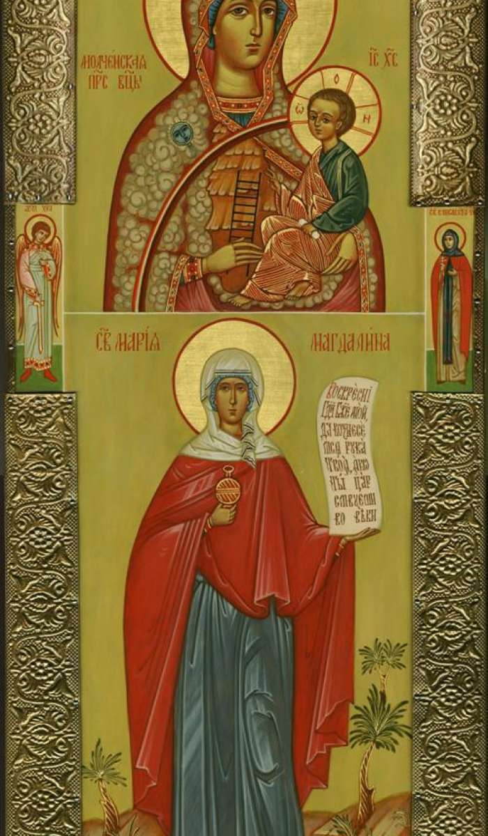 Фото: Святая равноапостольная мироносица Мария Магдалина. Молченская икона Пресвятой Богородицы. На полях иконы святой Ангел Хранитель и святая Елисавета чудотворица