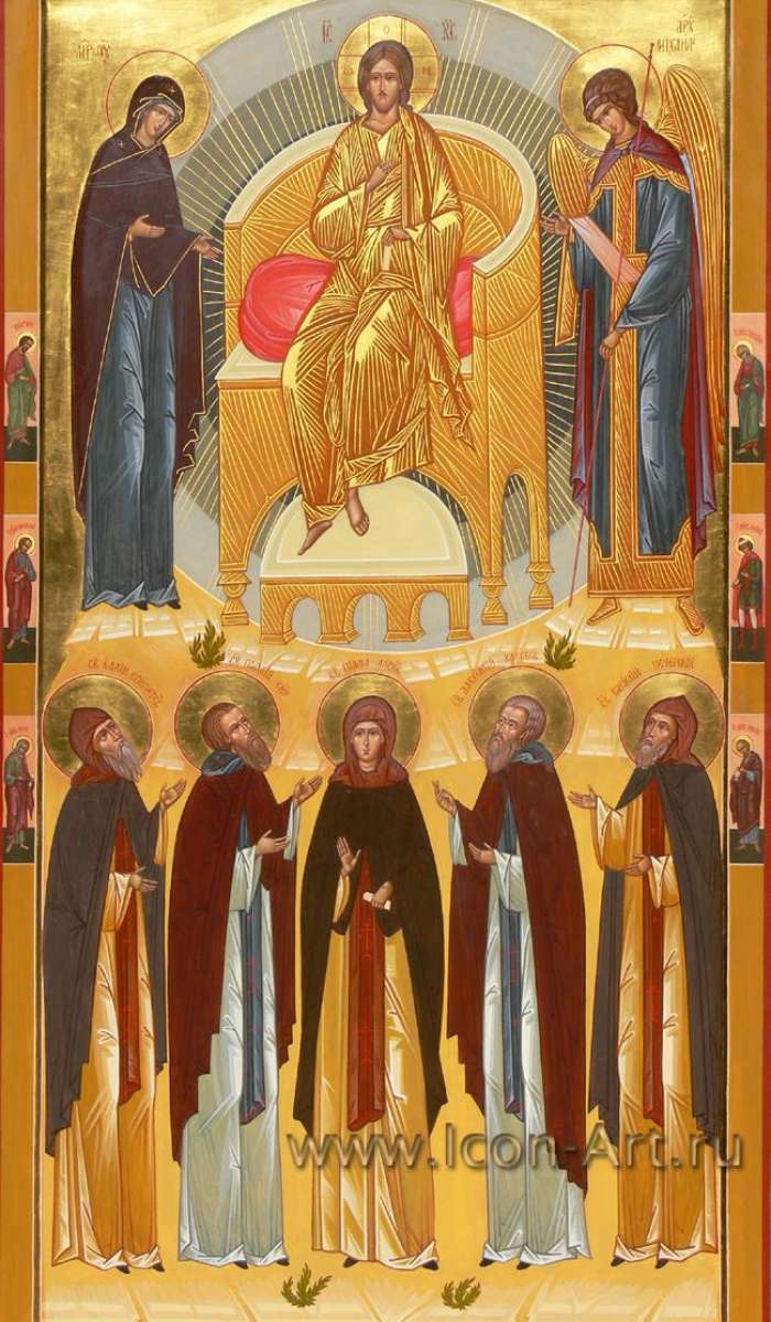 Фото: Семейная икона: Святой Еллий Египетский, святой Поплий Сирийский, святая Пиама Александрийская, святой Лаврентий Калужский, святой Василий Печерский. Пресвятая Богородица, Господь Вседержитель и святой Арх. Михаил