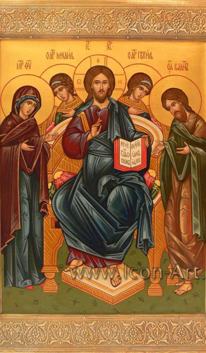 Фото: Деисус (домашний иконостас). По Правую руку Вседержителя изображена Пресвятая Богородица, по Левую - святой Иоанн Предтеча. За ними - Архангелы, справа - Михаил, слева - Гавриил.