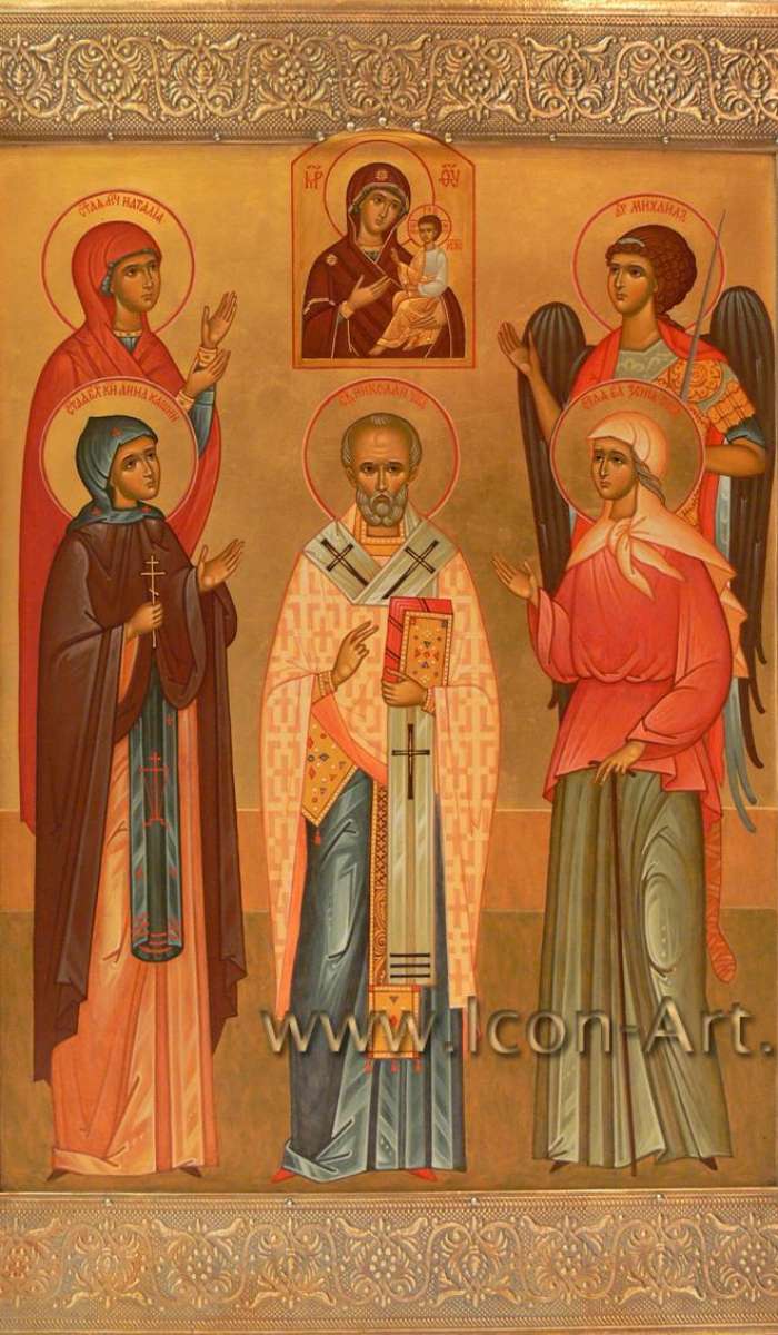 Фото: Семейная икона. Святая мц. Наталия, святая блгв. княгиня Анна Кашинская, святой Николай Чудотворец, святой Архангел Михаил, святая Ксения Петербургская. На полях икны святой Ангел Хранитель и святой блгв. князь Владимир. Сверху Тихвинская и