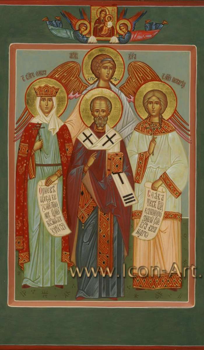 Фото: Семейная икона, на которой изображены: святой Николай Чудотворец, святая равноап. великая княгиня Ольга, святая мц. Пелагея и святой Ангел Хранитель.