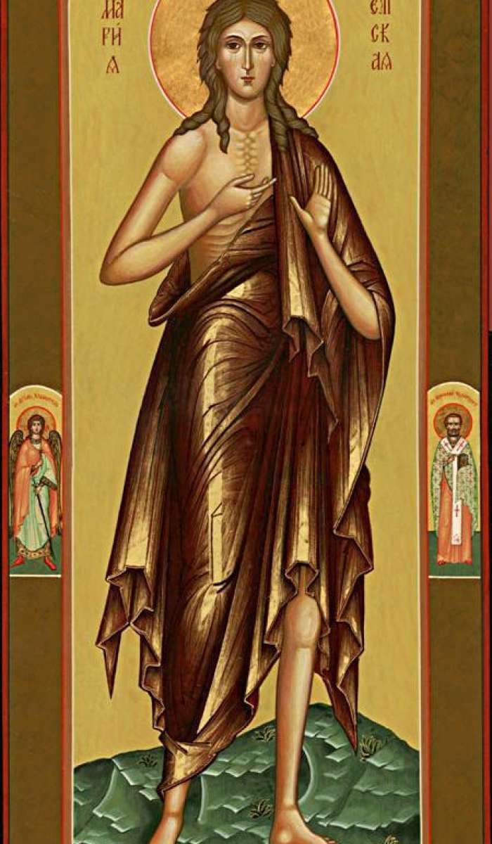 Фото: Святая прп. Мария Египетская. на полях иконы: святой Ангел Хранитель, святой Николай Чудотворец. Сверху Госпадь Вседержитель, Пресвятая Богородица и святой пророк Иоанн Предтеча.