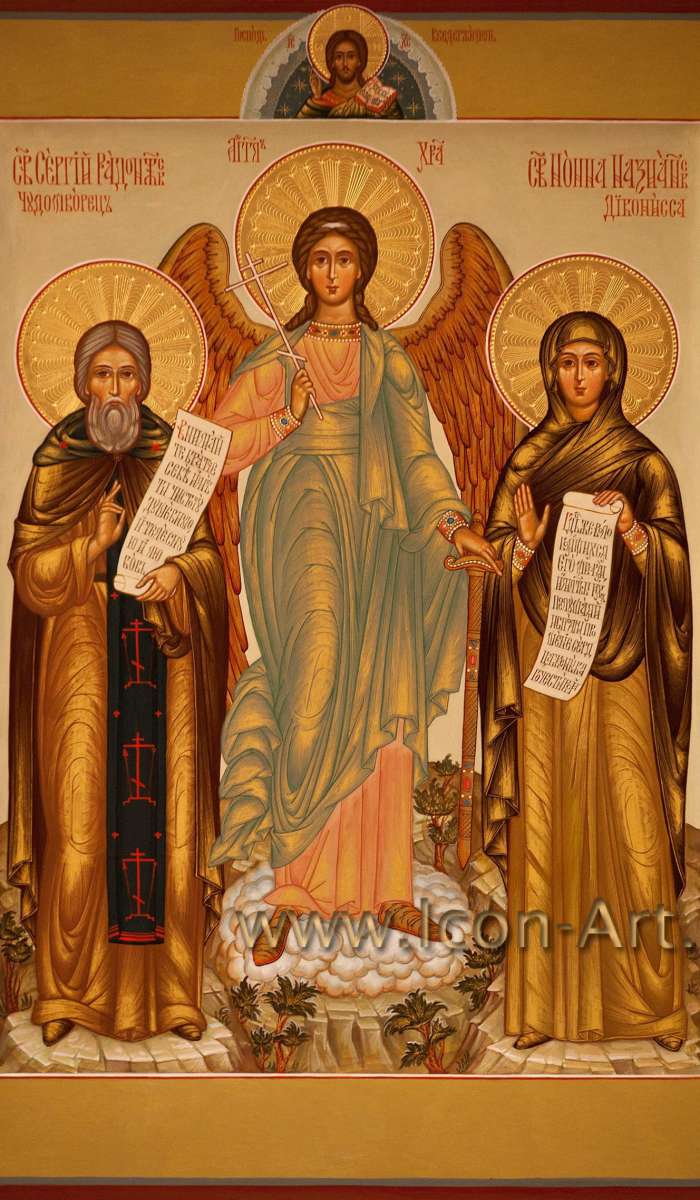 Фото: Семейная икона. Святой прп. Сергий Радонежский, святой Ангел Хранитель и святая Нонна Назианзская, диакониса