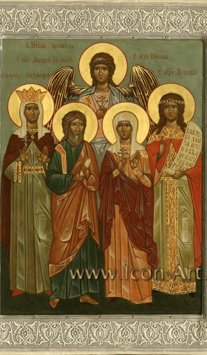Фото: Семейная икона на которой изображены: святой Ангел Хранитель, святой Андрей Первозванный, святая царица Александра, святая мц. Ирина, святая мц. Артемия