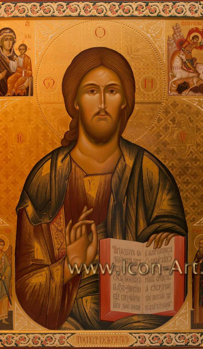 Фото: Икона Иисуса Христа Вседержителя. Образ Пресвятой Богородица «Смоленская», святой Георгий Победоносец, святой Ангел Хранитель и святой праведный Иосиф Волоцкий