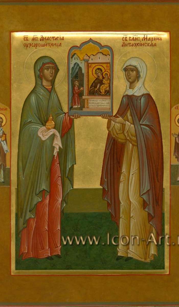 Фото: Семейная икона. Святая мц. Анастасия Узорешительница и святая великомуч. Марина Антиохийская. На полях иконы святой Николай чудотворец и святой Сергий Радонежский. В руках святые держат икону Пресвятой Богородицы «Нечаянная Радость»