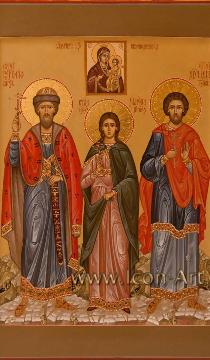 Фото: Семейная икона. Святой князь Борис, святая Марина Антиохийская и святой мученик Илия Томский