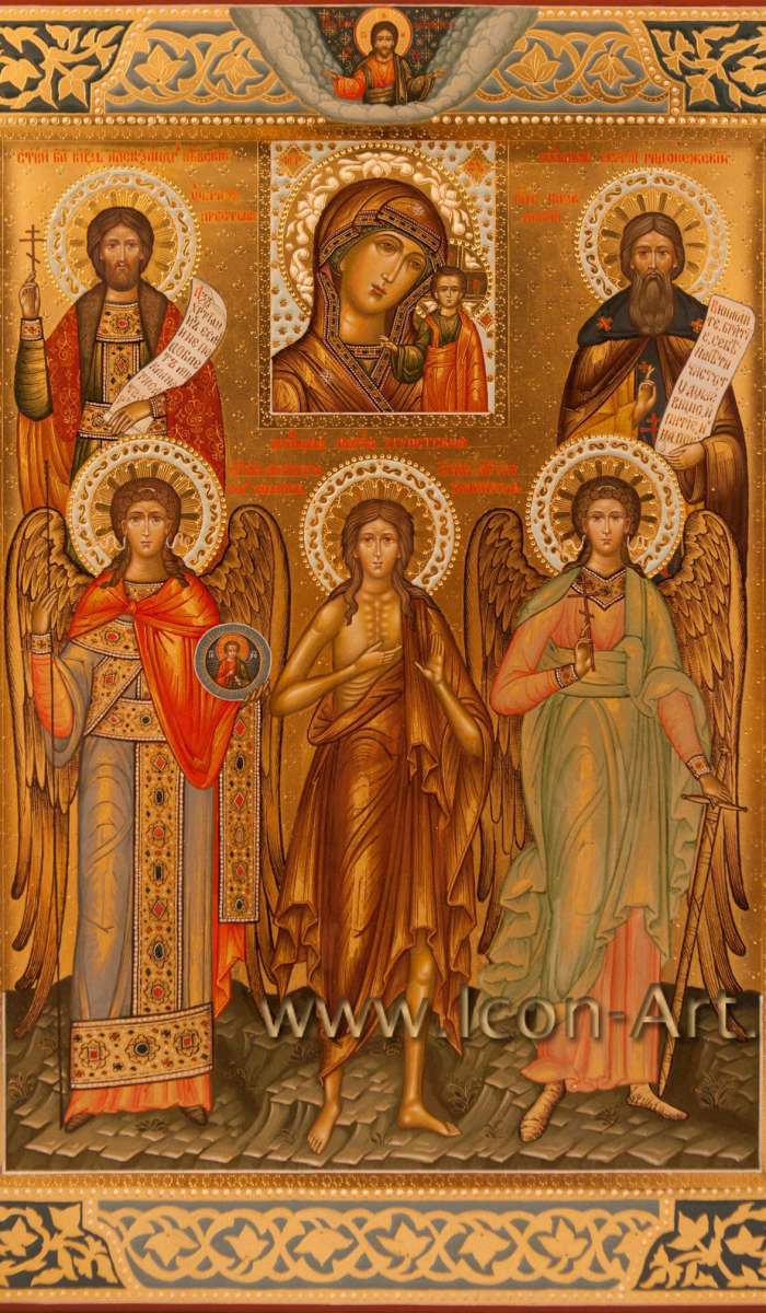 Фото: Семейная икона. Святой Александр Невский, святой Архистратиг Михаил, святая Мария Египетская, святой Ангел Хранитель, святой Сергий Радонежский