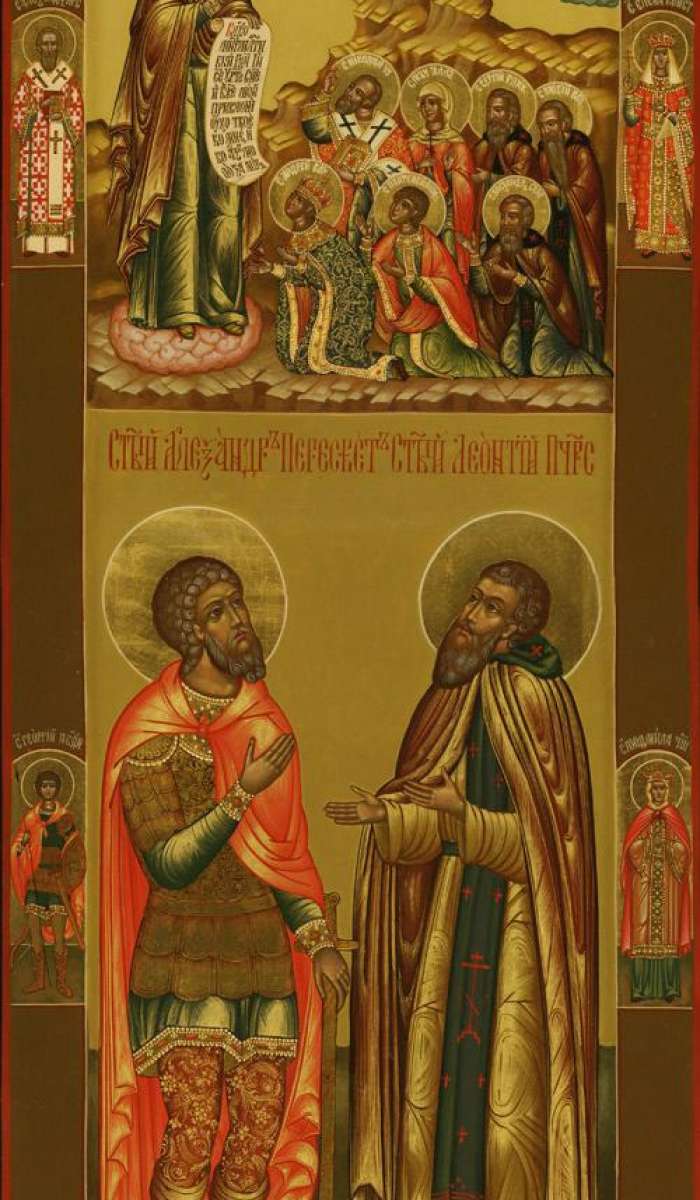 Фото: Святой Александр Пересвет и святой Леонтий Печерский. Боголюбская икона Богоматери. На полях иконы: святой Александр, святая Елена, святой Георгий, святая Людмила.