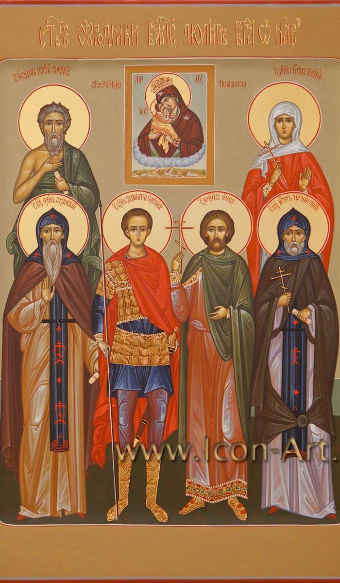 Фото: Семейная икона. Святой Иоанн Сирийский, святой Олег Брянский, святой Димитрий Солунский, святой мученик Инна, святой Игорь Черниговский, святая Ирина Коринфская и образ Пресвятой Богородицы «Почаевская»