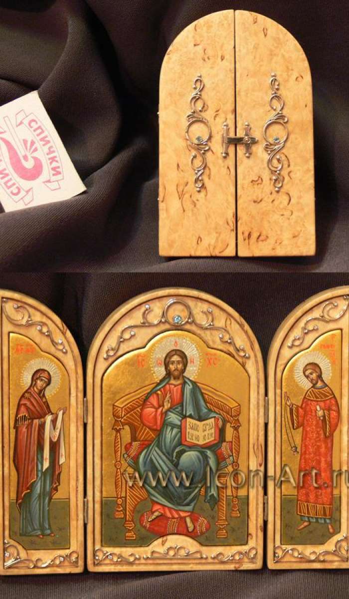Фото: Складень. Господь Вседержитель, Пресвятая Богородица, святой Роман Сладкопевец