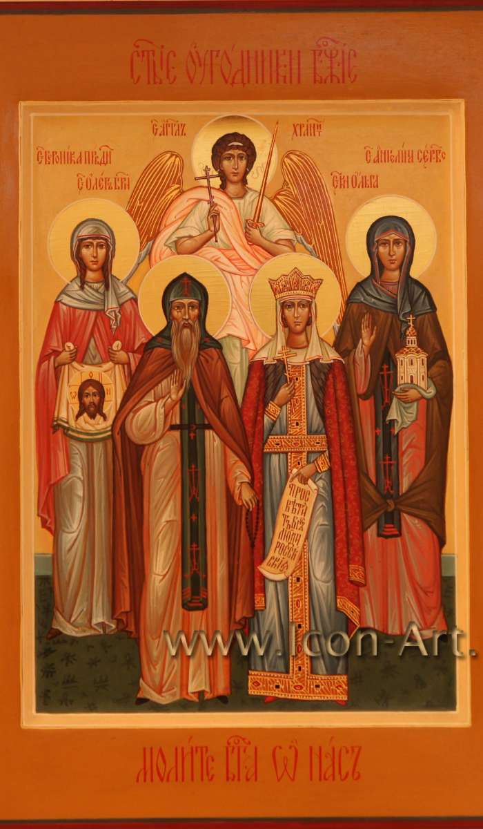 Фото: Семейная Икона со святыми покровителями семьи: Ангел Хранитель, святая княгиня Ольга, святой князь Олег Брянский, святая королева Ангелина Сербская, святая праведная Вероника