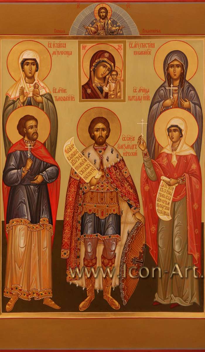 Фото: Семейная икона. Господь Вседержитель. Образ Пресвятой Богородицы «Казанская». Святые: Иоанна Мироносица, мученик Тимофей Палестинский, мученица Христина Кесарейская, Наталия Никомидийская и князь Александр Невский, преподобные Петр и Феврон