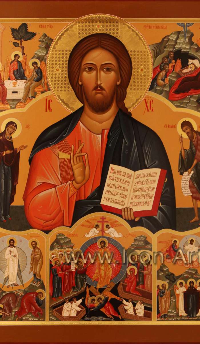 Фото: Домашний иконостас. Деисус. Господу Вседержителю предстоят Пресвятая Богородица и Иоанн Предтеча. Двунадесятые праздники. На полях святые: Ангел Хранитель, князь Владимир, Сергий Радонежский, Фотиния Палестинская, Иоанна Мироносица, Иоанн Б