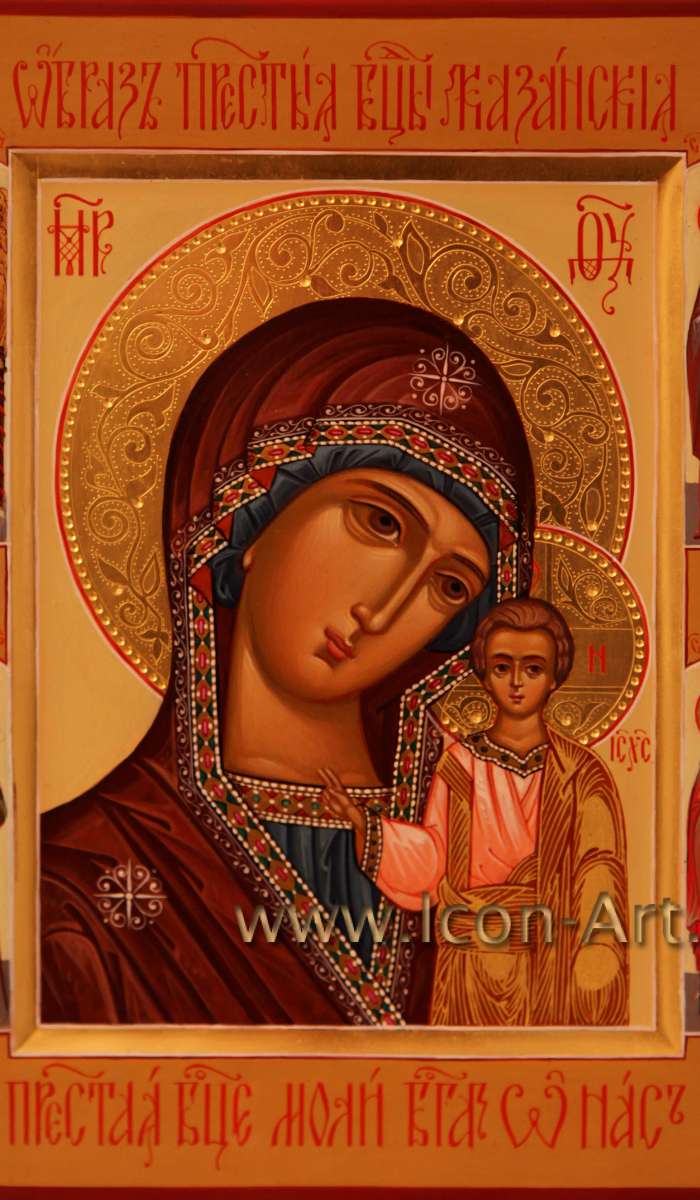 Фото: Образ Пресвятой Богородицы «Казанская» со святыми на полях: Ангел Хранитель, Николай Чудоторец, Ксения Петербужская и Наталия Никомидийская   