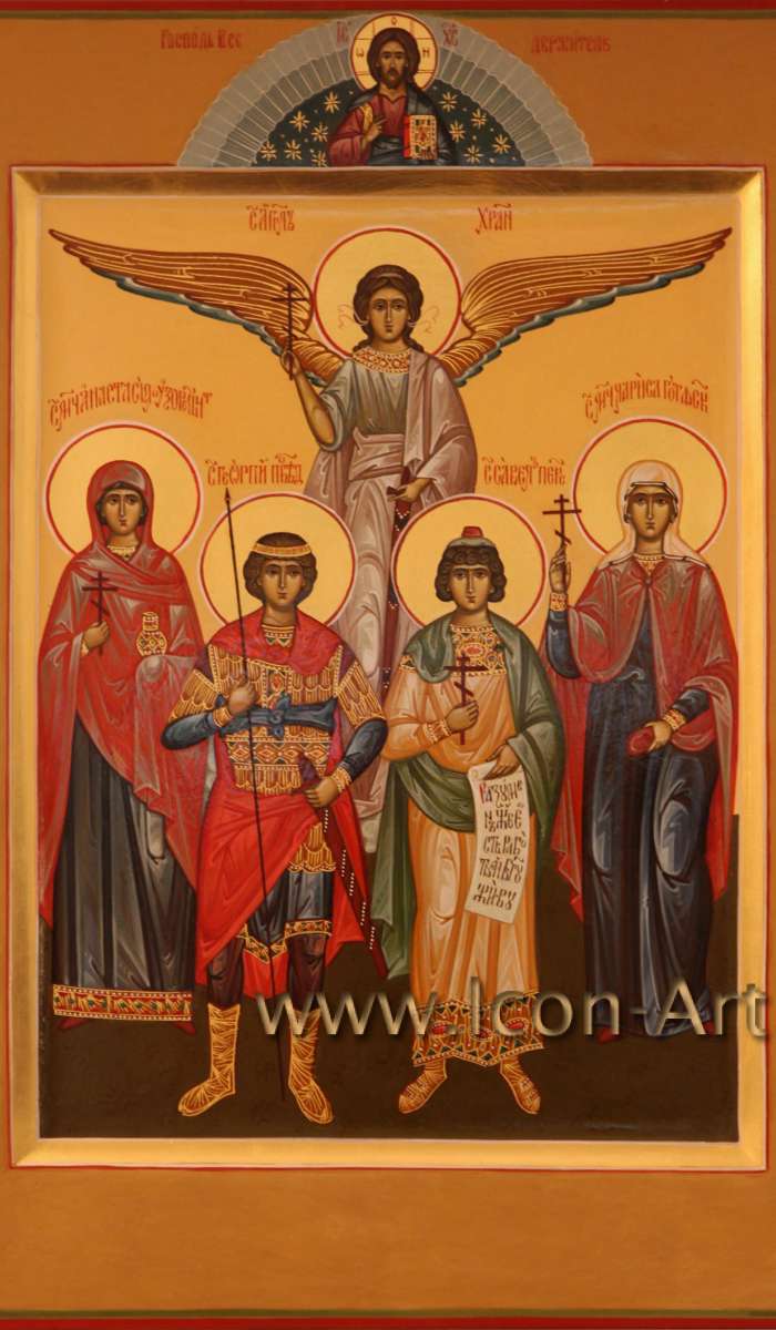 Фото: Семейная икона. Господь Вседержитель. Святые: Ангел Хранитель, Анастасия Узорешительница, Георгий Победоносец, Савел Персиянин, Лариса Готфская