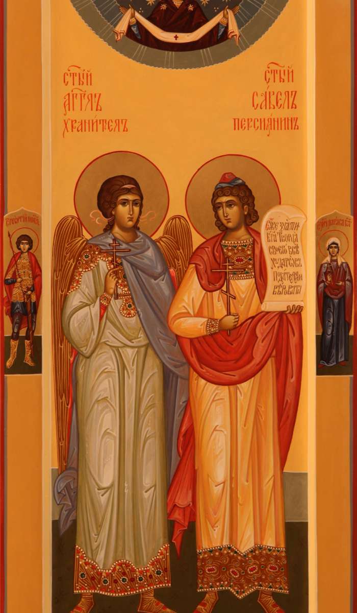 Фото: Мерная Икона. Покров Пресвятой Богородицы. Святые: Ангел Хранитель, Савел Персиянин. На полях святые: Георгий Победоносец и  Лариса Готфская