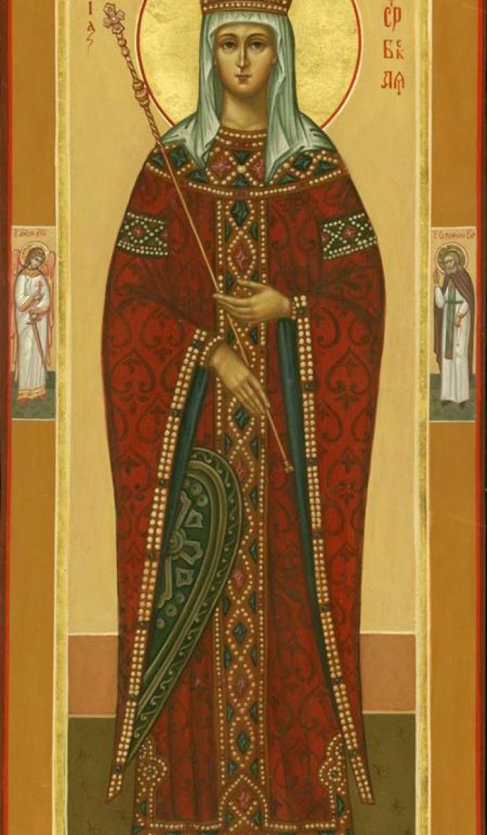 Фото: Мерная икона. Святая прп. Елена Сербская, королева. На полях иконы: святой Ангел Хранитель и святой прп. Серафим Саровский