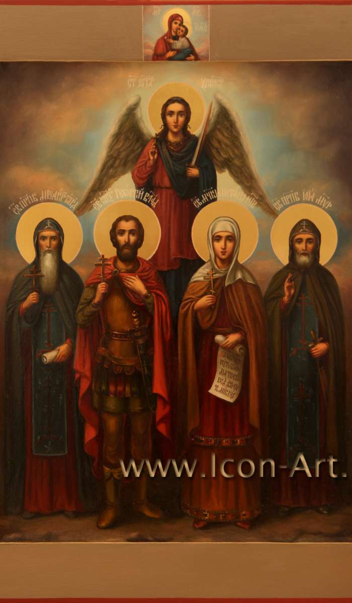Фото: Семейная икона. Святые: Ангел Хранитель, прп. Михаил Гареджийский, кн. Георгий Владимирский, мц. Наталия Никомидийская, прп. Илия Муромец 